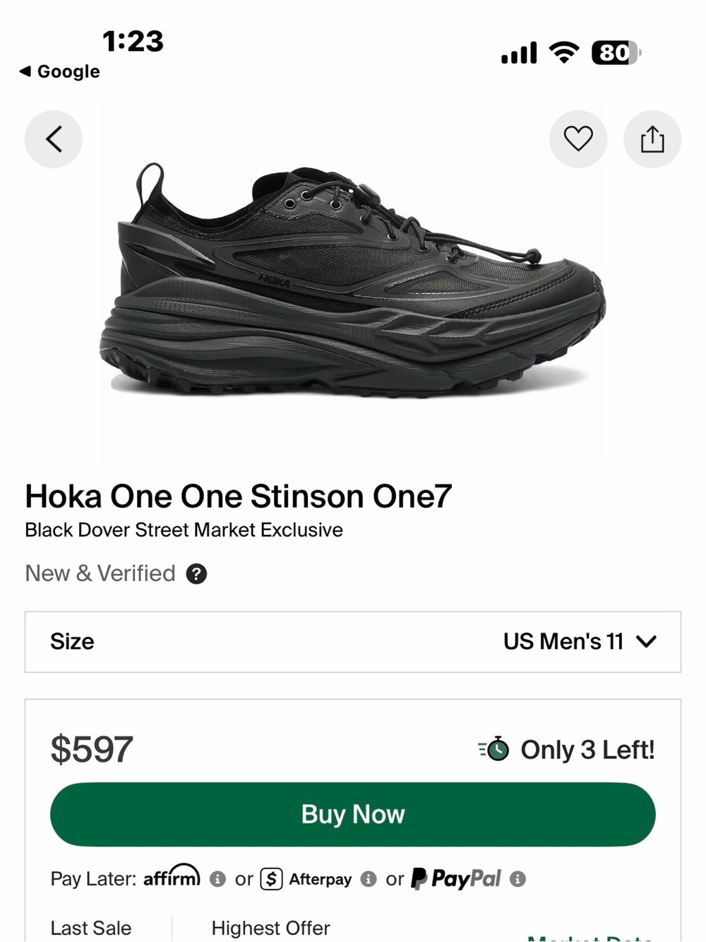 Hoka One One Stinson One7 / Dover street markyMen’s Black Trail sz 11 mens new !